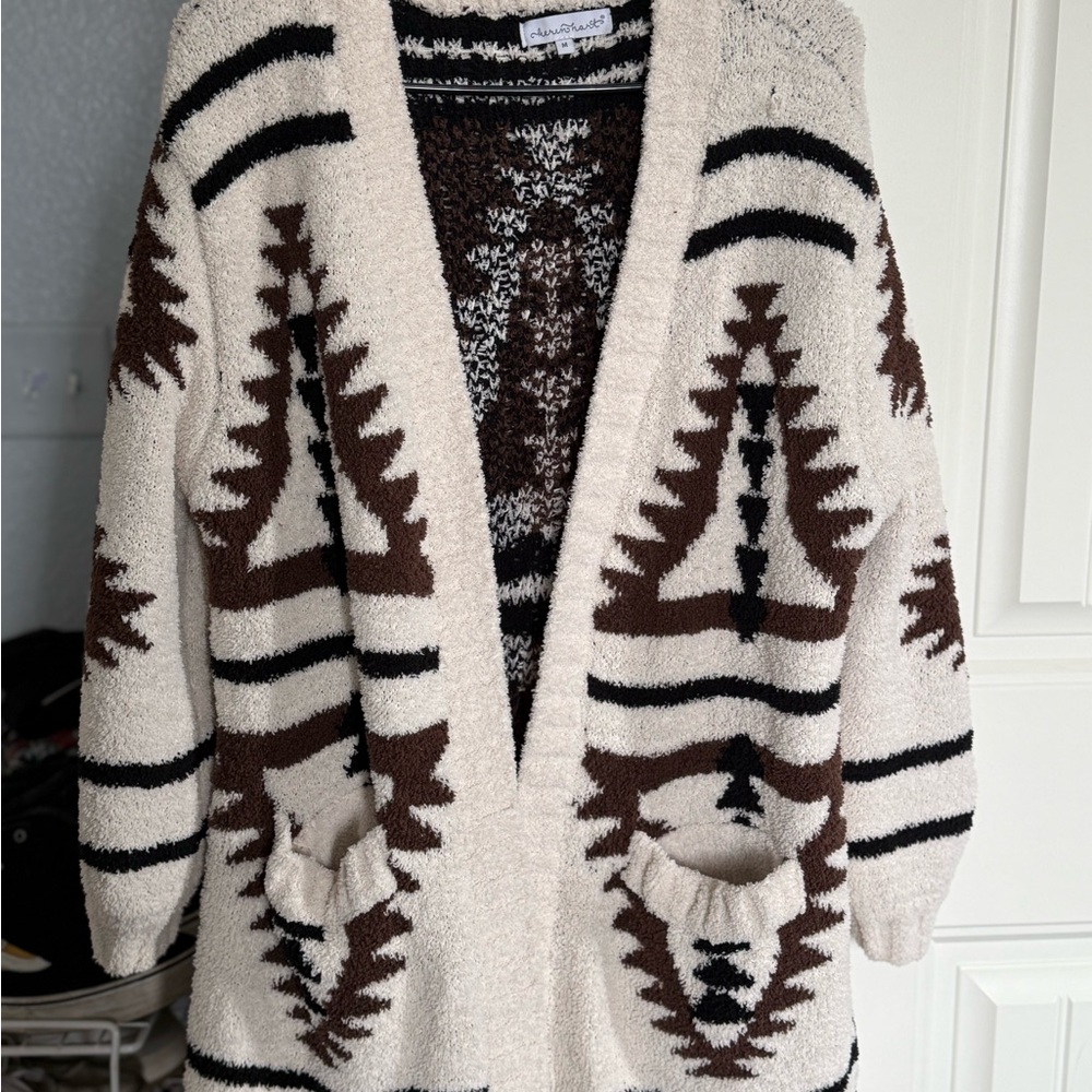 KEREN hart Cream and Brown Chunky Knit Cardigan